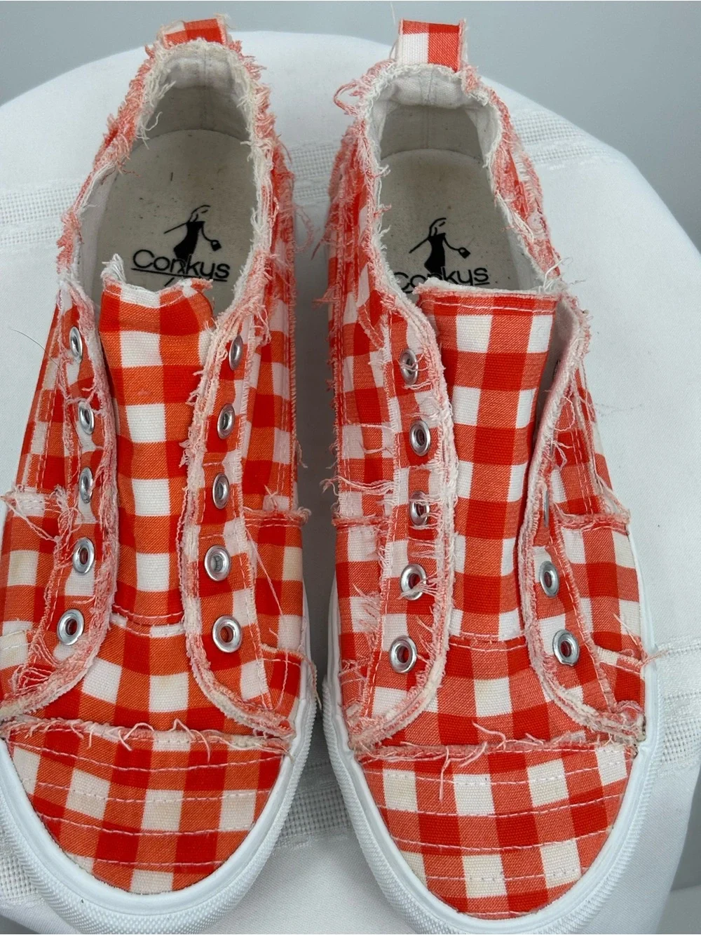 Corkys Babalu Orange & White Check Fray Sneakers Women’s Size 8